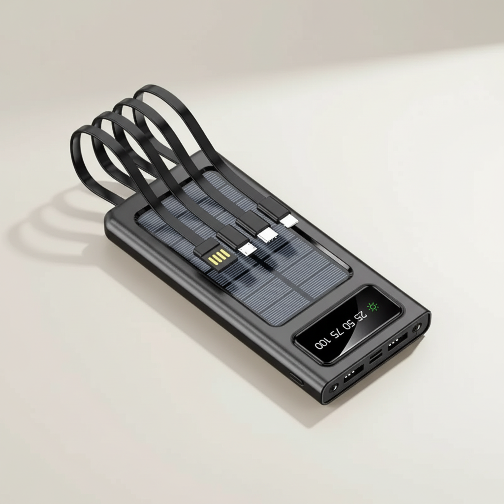 Solar Powerbank mit USB-Anschlüssen, LED-Lampe und digitalem Display