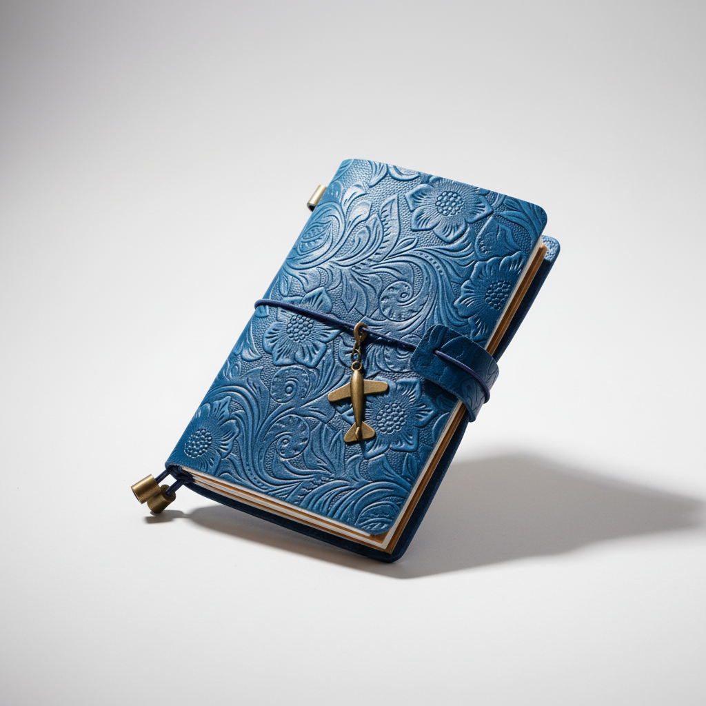 Reisetagebuch A5 mit geprägtem Vintage-Cover und Wickelverschluss