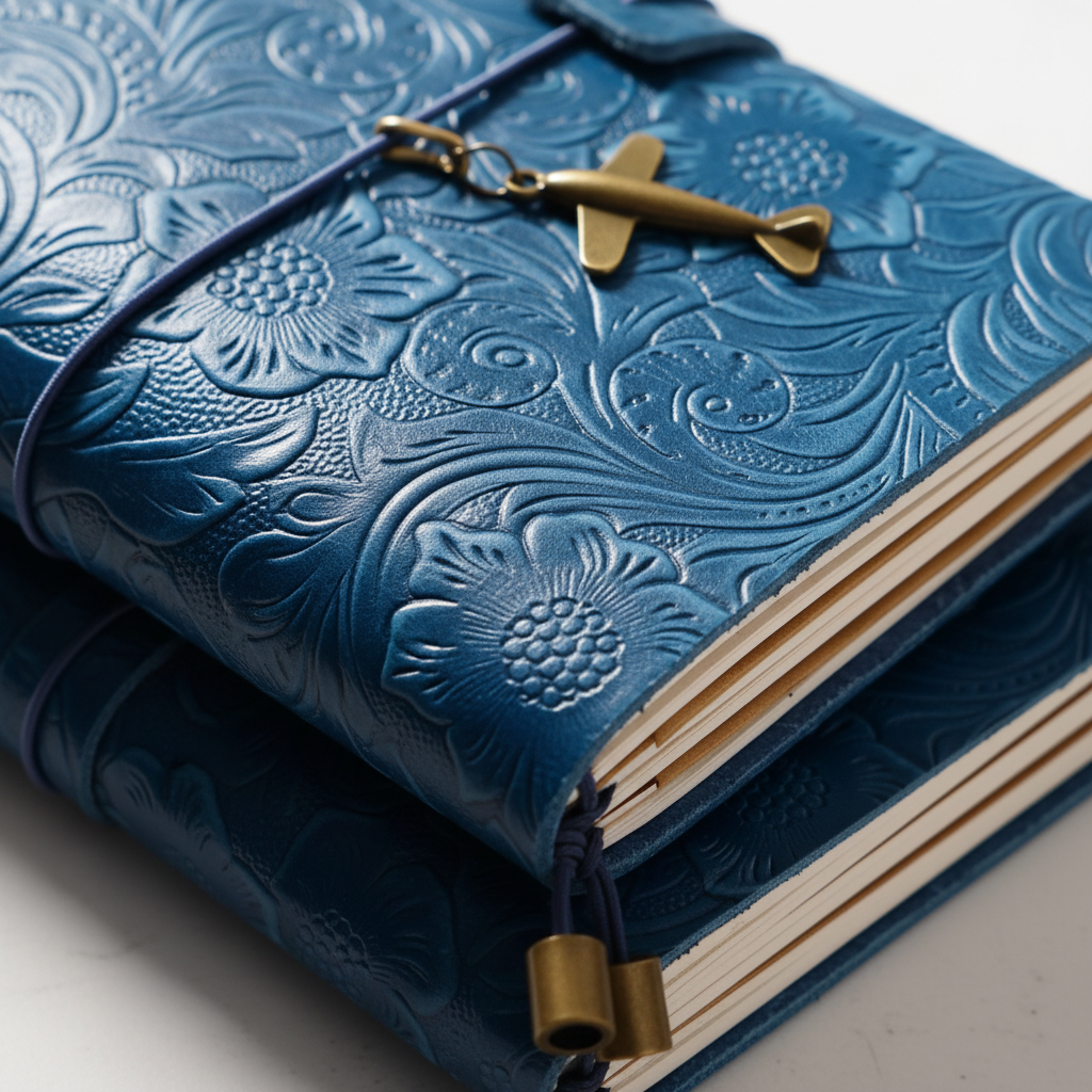 Reisetagebuch A5 mit geprägtem Vintage-Cover und Wickelverschluss