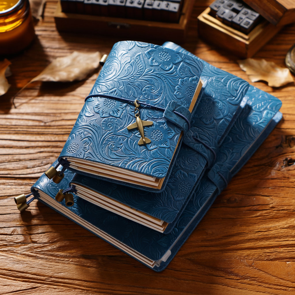 Reisetagebuch A5 mit geprägtem Vintage-Cover und Wickelverschluss