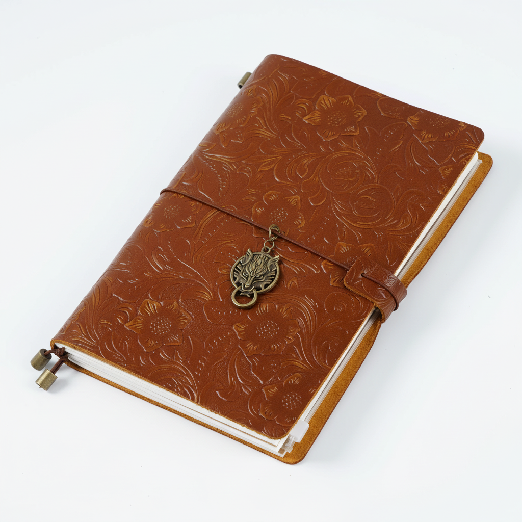 Reisetagebuch A5 mit geprägtem Vintage-Cover und Wickelverschluss