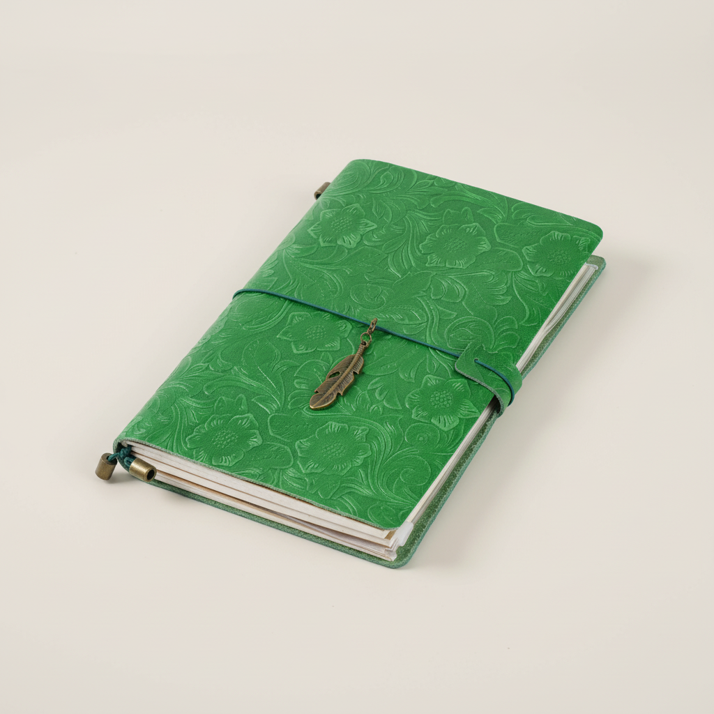 Reisetagebuch A5 mit geprägtem Vintage-Cover und Wickelverschluss