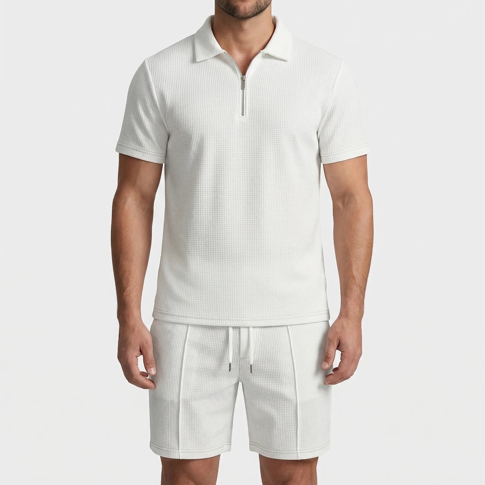 Herren Sommer Zweiteiler Set Polo-Shirt und Shorts mit Waffelstruktur