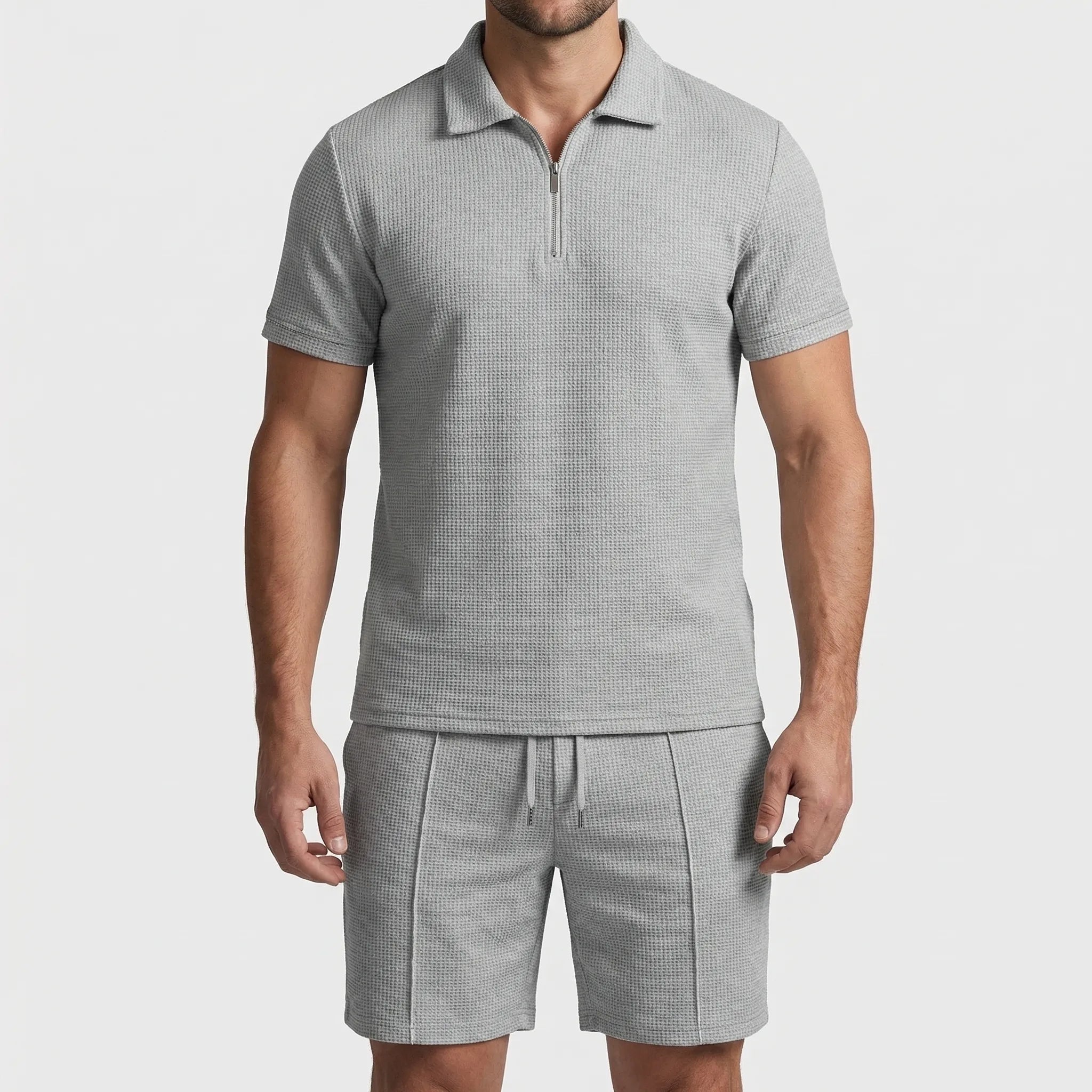 Herren Sommer Zweiteiler Set Polo-Shirt und Shorts mit Waffelstruktur
