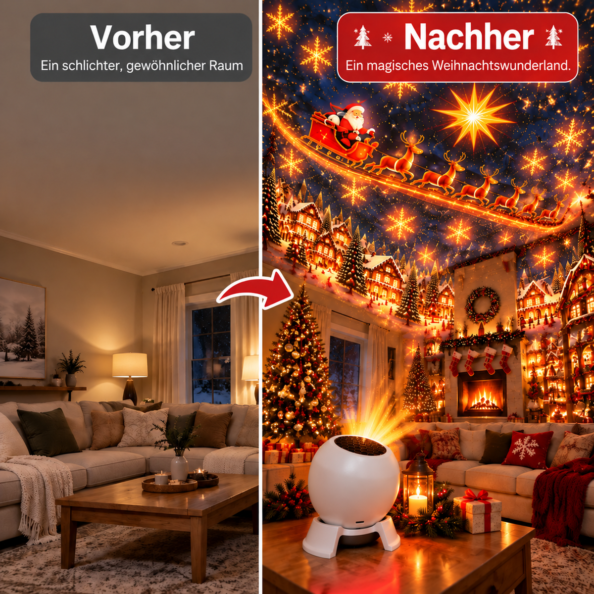 Nordspur | Weihnachts-Projektionsleuchte 360° verstellbar HD Weihnachtsmuster Deckenleuchte Innen-Weihnachtsdeko Lampe für Kinderzimmer, Partys & Weihnachtsgeschenk