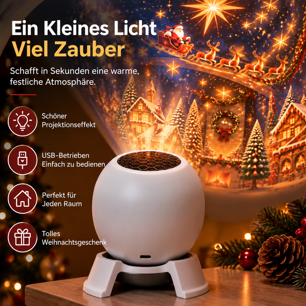 Nordspur | Weihnachts-Projektionsleuchte 360° verstellbar HD Weihnachtsmuster Deckenleuchte Innen-Weihnachtsdeko Lampe für Kinderzimmer, Partys & Weihnachtsgeschenk