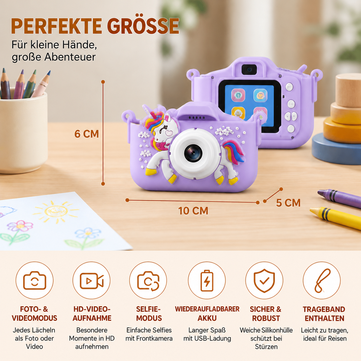 Nordspur | Wiederaufladbare Digitalkamera für Kinder mit Selfie-Modus, HD-Video & Silikonhülle