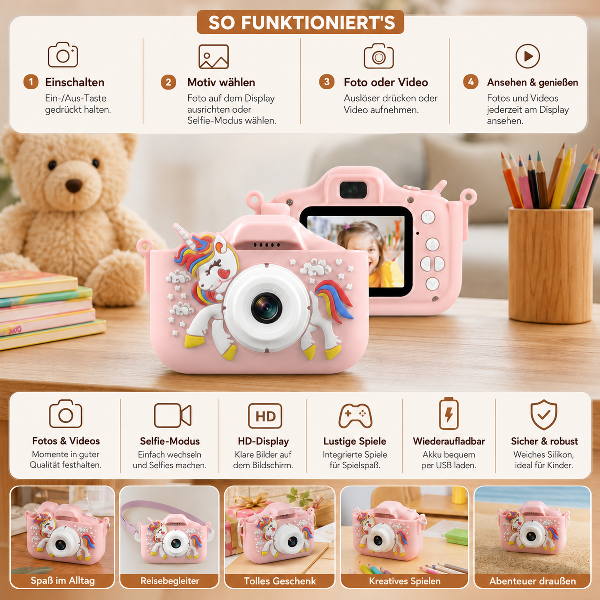Nordspur | Wiederaufladbare Digitalkamera für Kinder mit Selfie-Modus, HD-Video & Silikonhülle