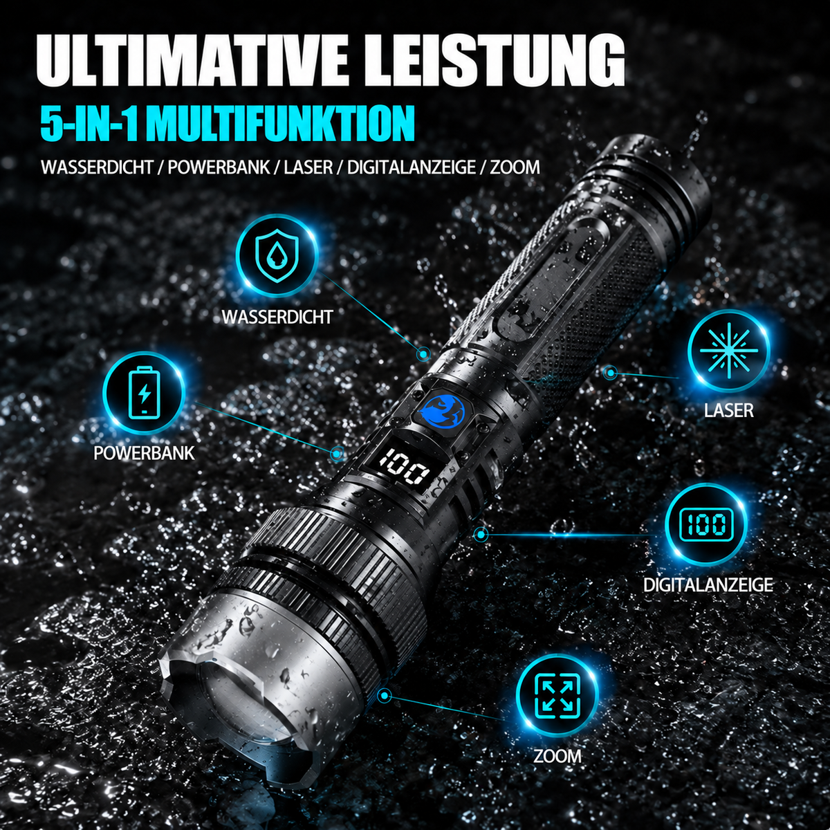 Nordspur | Wiederaufladbare Hochleistungs-Zoom-Taschenlampe – 2000LM, Powerbank & digitale Batterieanzeige