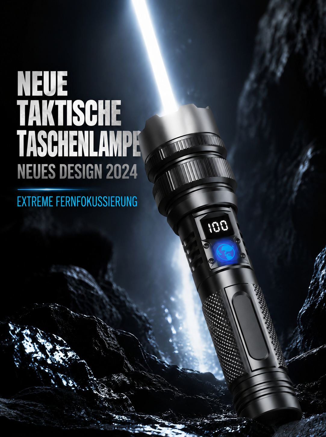 Nordspur | Wiederaufladbare Hochleistungs-Zoom-Taschenlampe – 2000LM, Powerbank & digitale Batterieanzeige