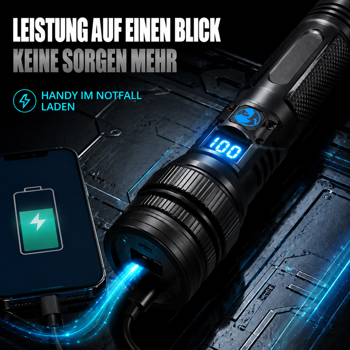 Nordspur | Wiederaufladbare Hochleistungs-Zoom-Taschenlampe – 2000LM, Powerbank & digitale Batterieanzeige