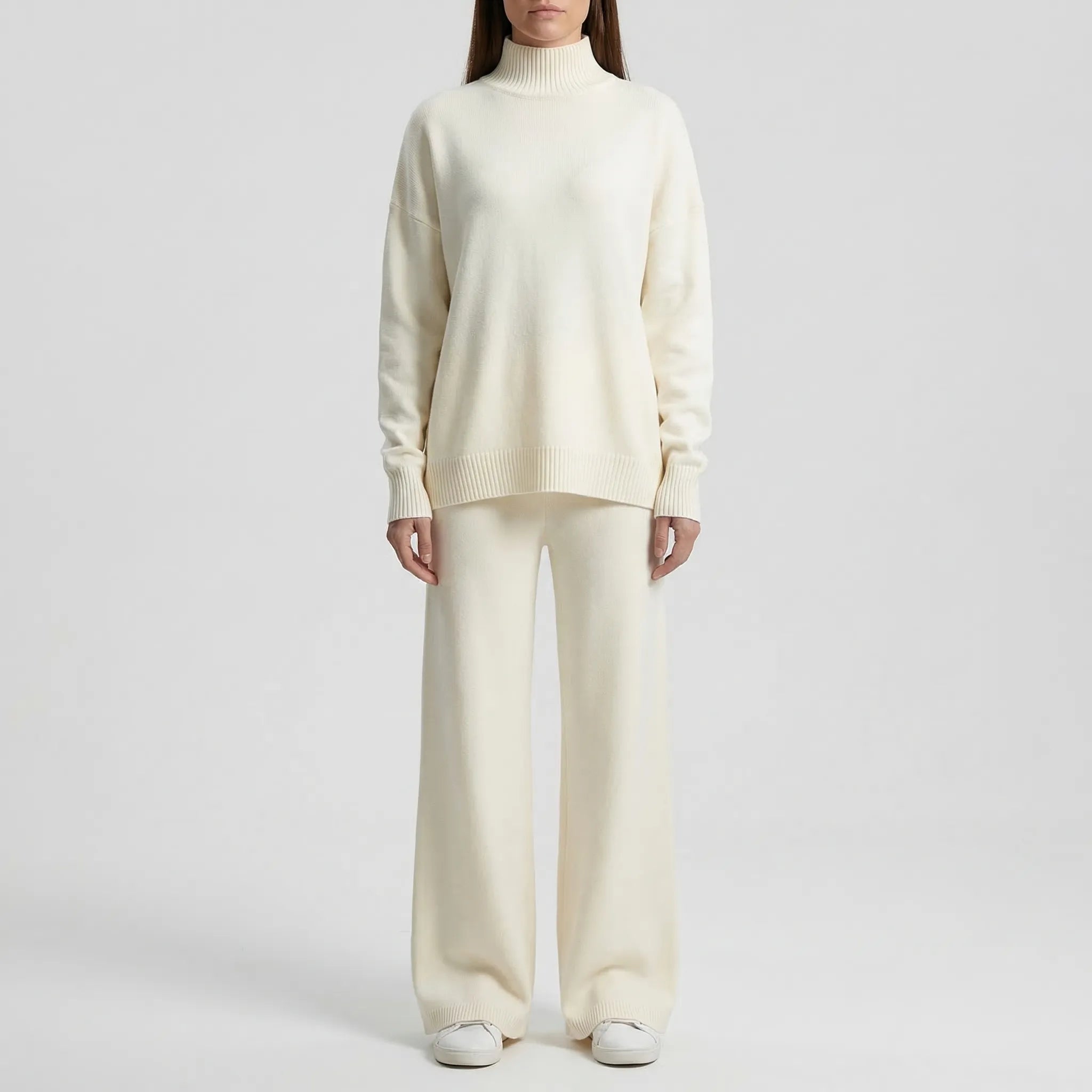 Strick Zweiteiler Damen Rollkragenpullover Hose gerades Bein