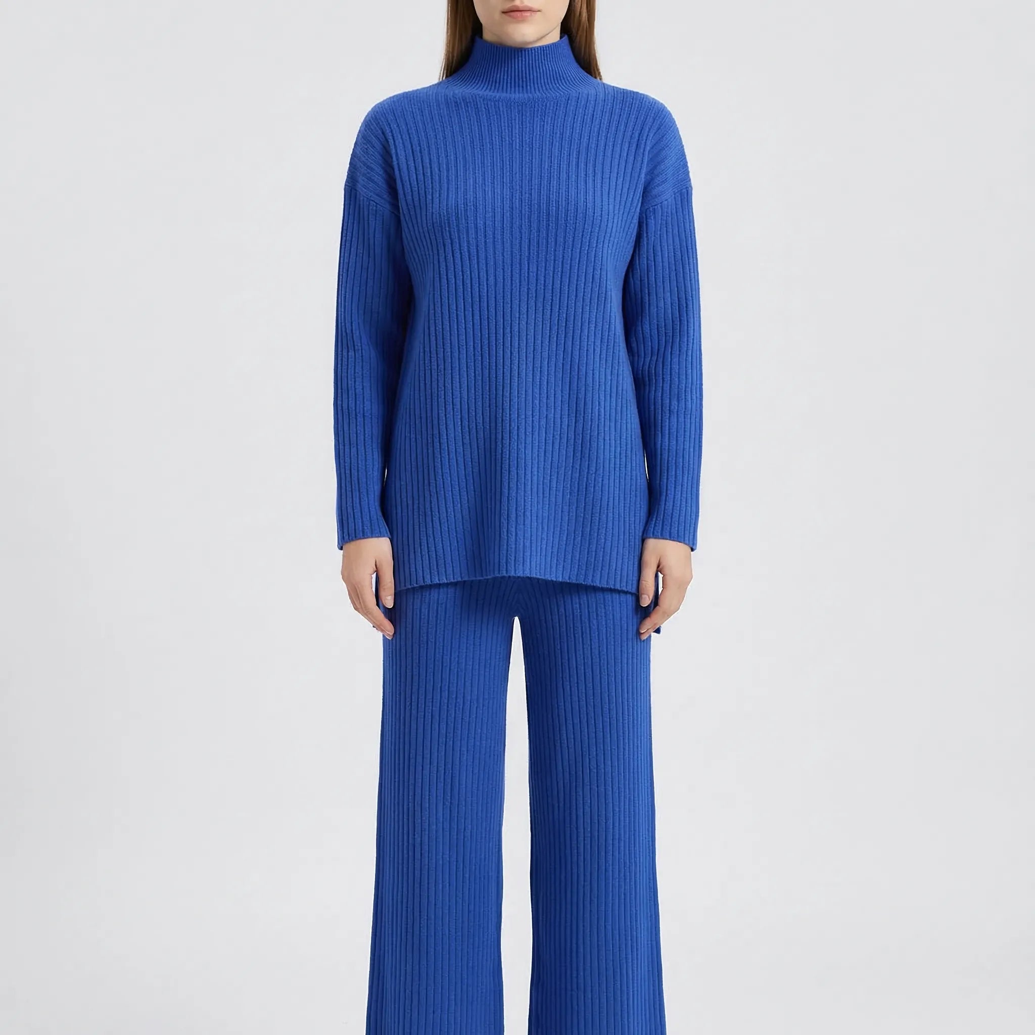 Strick Zweiteiler Damen Rollkragenpullover Hose gerades Bein