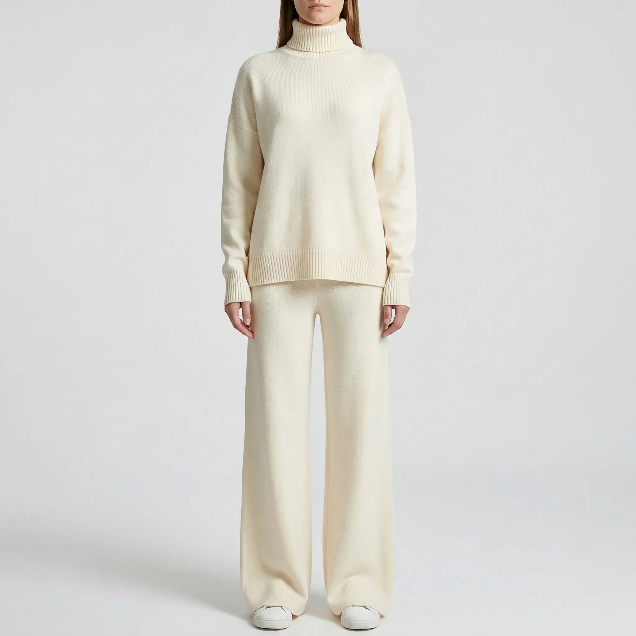 Strick Zweiteiler Damen Rollkragenpullover Hose gerades Bein