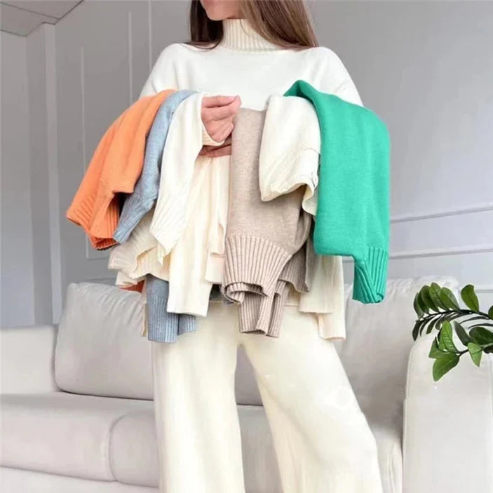 Strick Zweiteiler Damen Rollkragenpullover Hose gerades Bein
