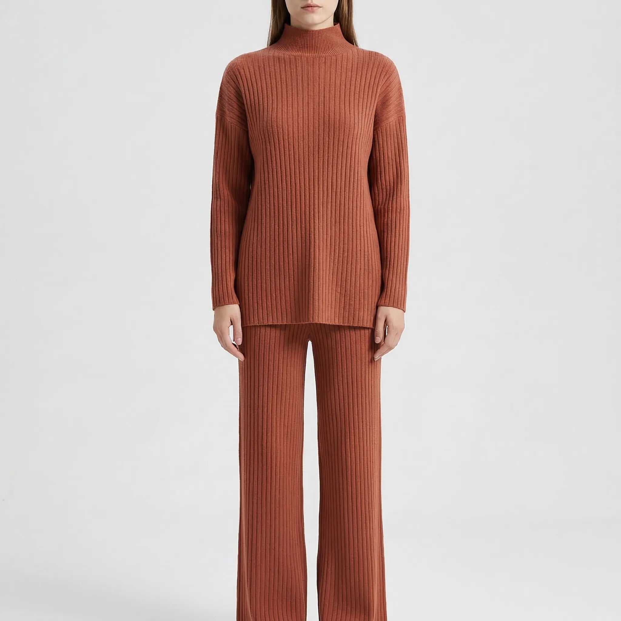 Strick Zweiteiler Damen Rollkragenpullover Hose gerades Bein