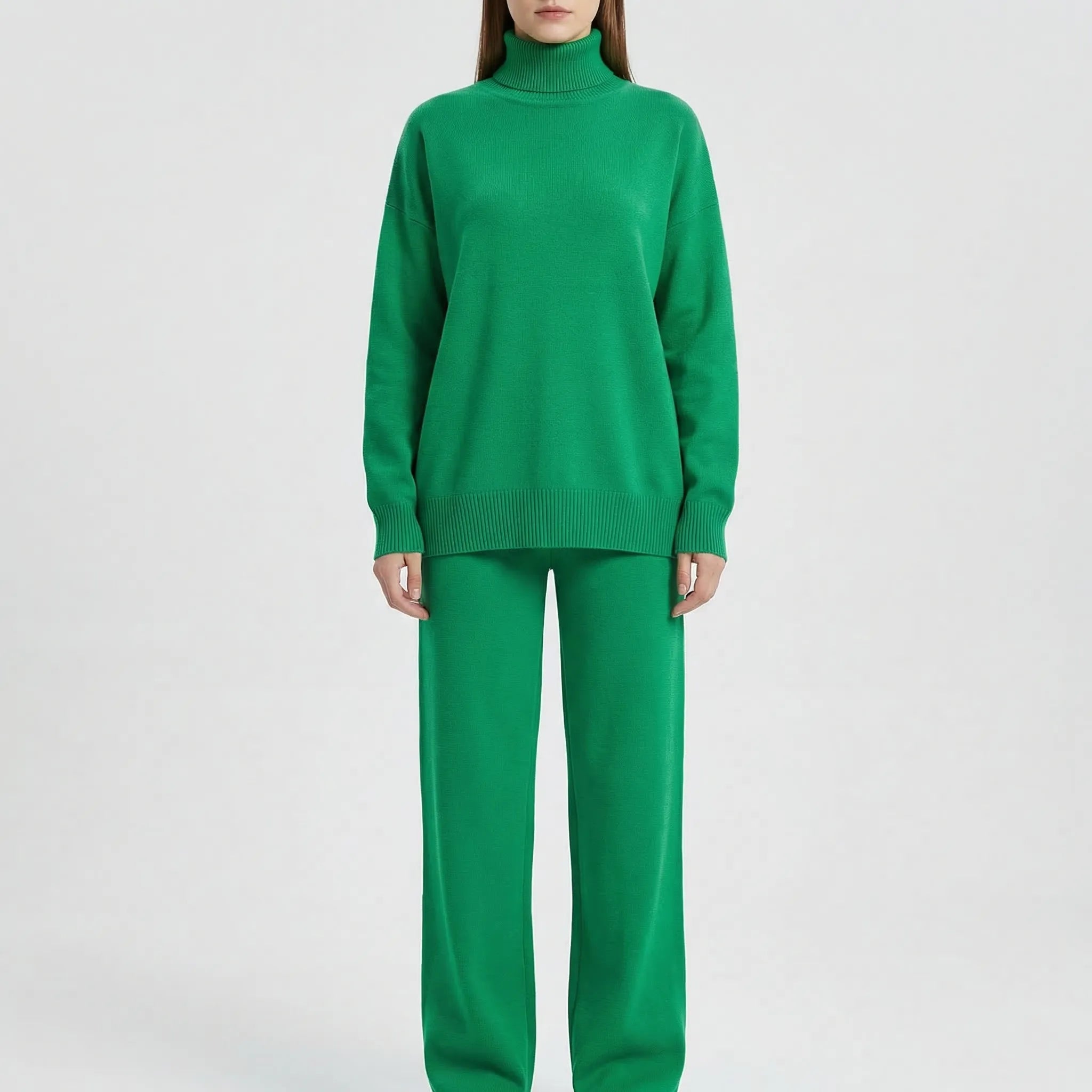 Strick Zweiteiler Damen Rollkragenpullover Hose gerades Bein