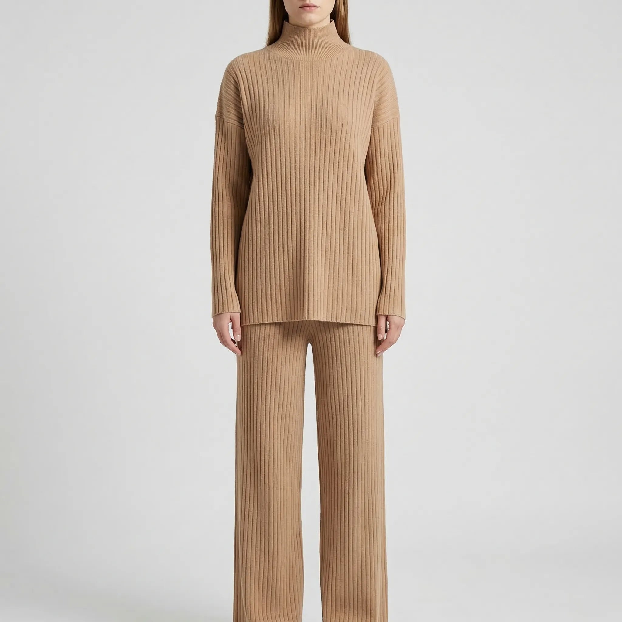 Strick Zweiteiler Damen Rollkragenpullover Hose gerades Bein