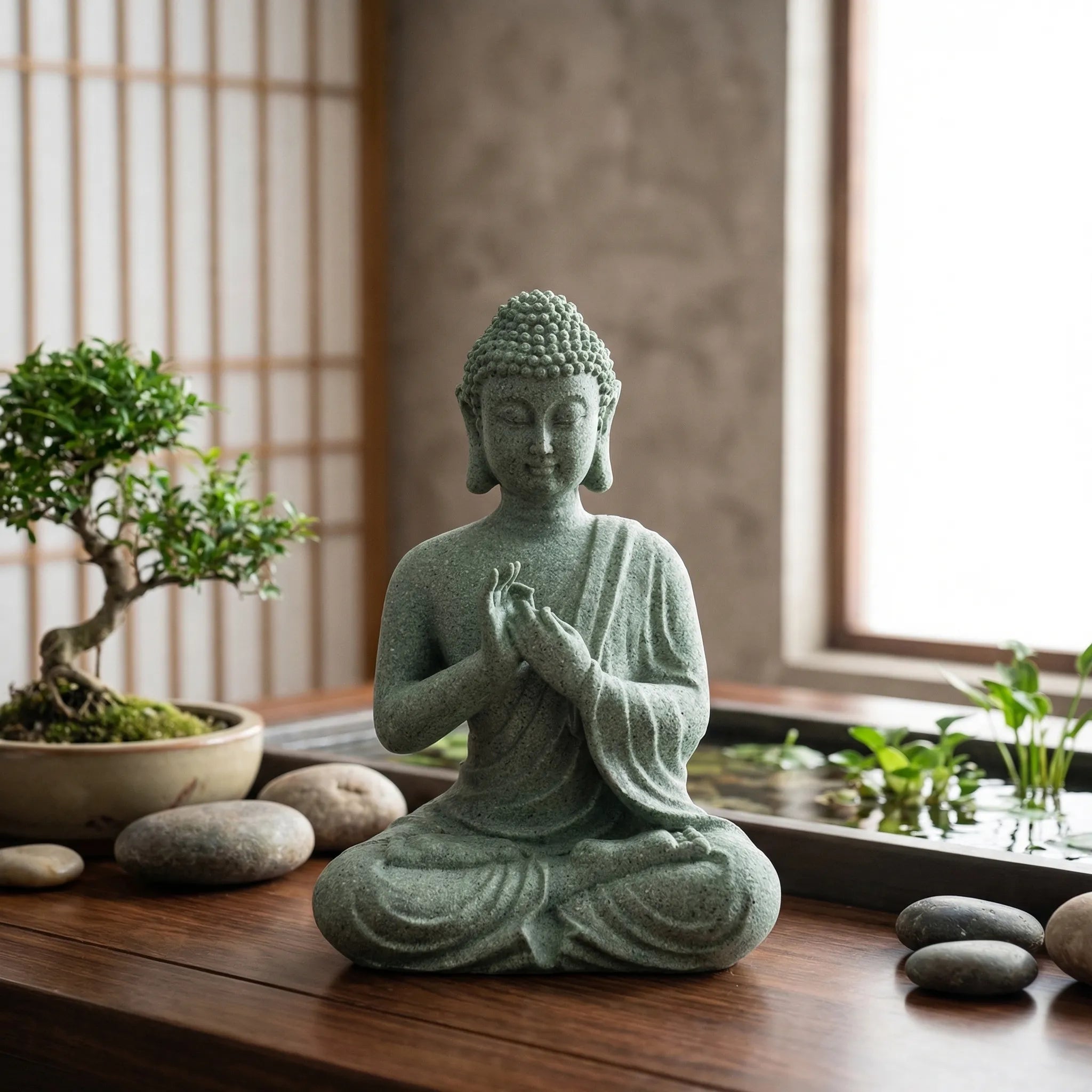 Drei kleine Buddha-Figuren mit Meditationshaltungen und Salbeigrün-Steinfinish