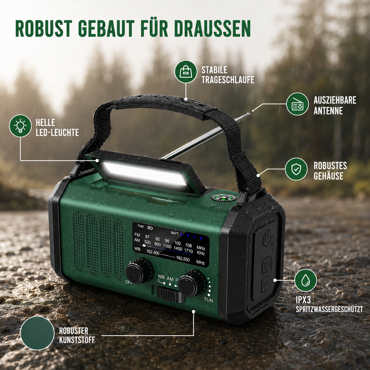 Notfallradio mit Kurbel, Solar & Powerbank – Kompakt & Zuverlässig
