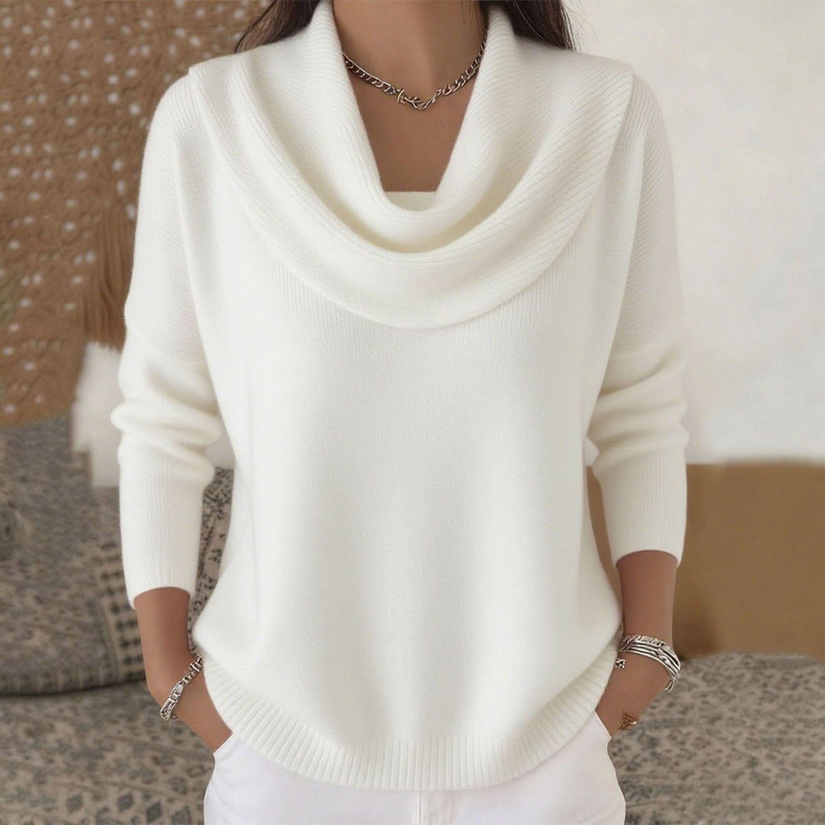 Damen-Pullover mit Wasserfallkragen und lockerer Passform