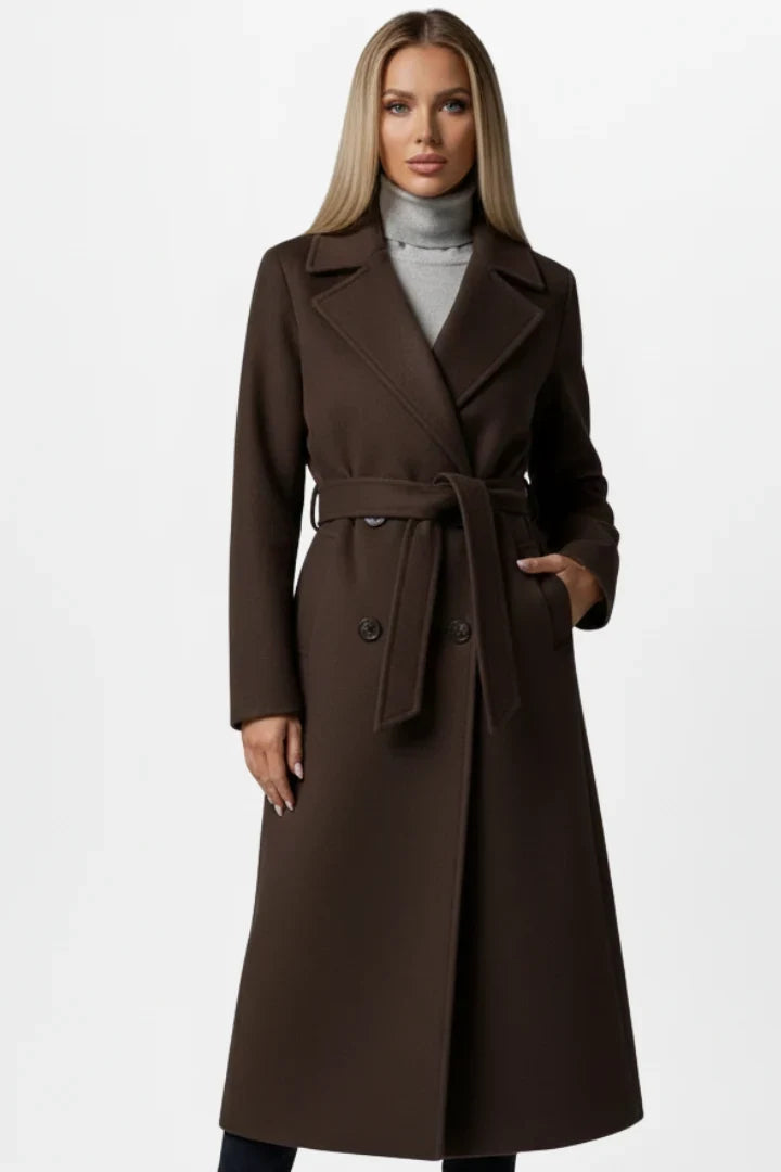 Damen Wintermantel mit Gürtel und zweireihigem Verschluss - Eleganter langer Damenmantel ideal für kühle Tage