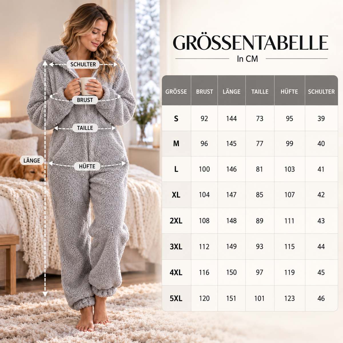 Pyjama Damen Einteiler Fleece mit Reißverschluss – CozyLuxe Onesie