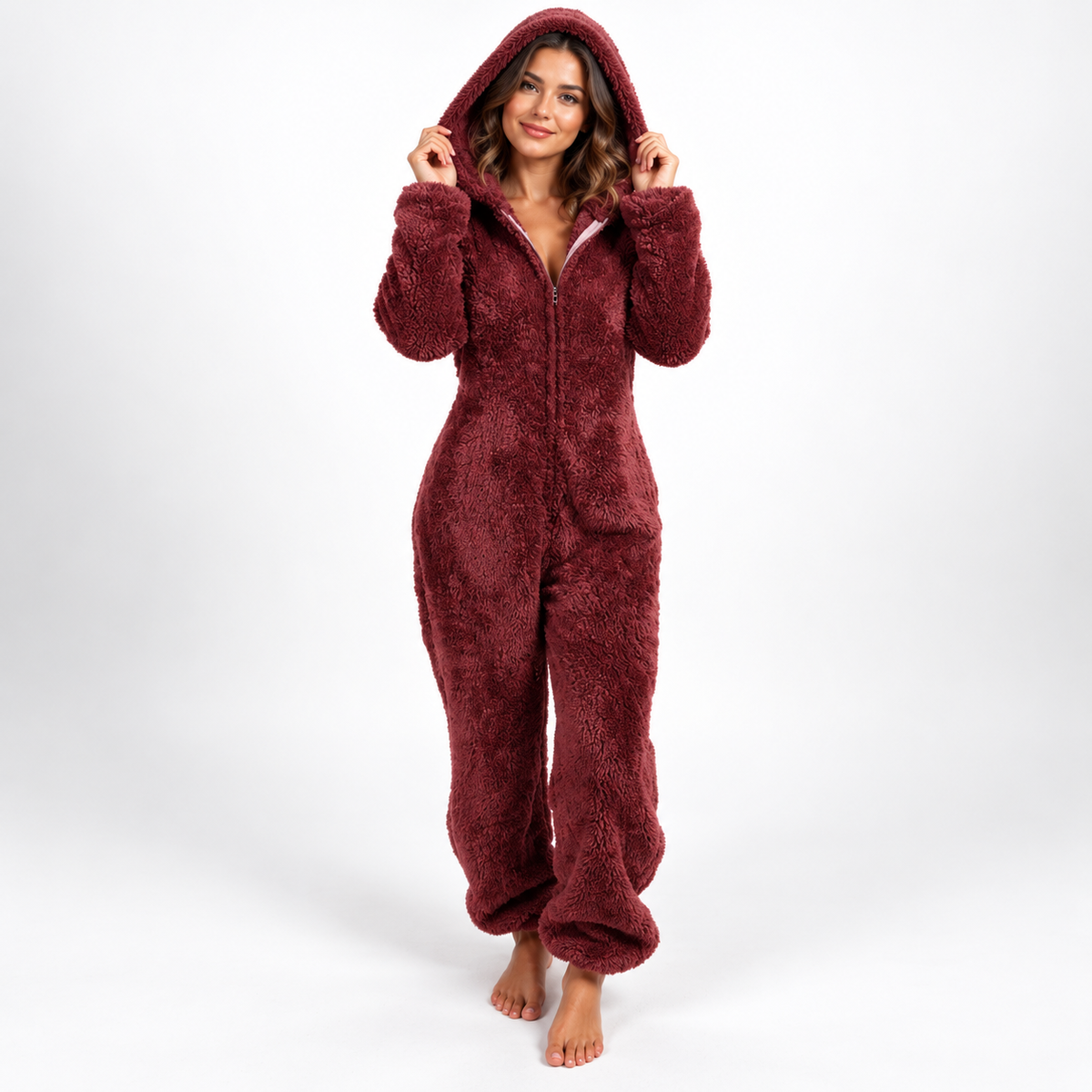 Pyjama Einteiler Damen lang aus Fleece mit Reißverschluss – Langer Overall