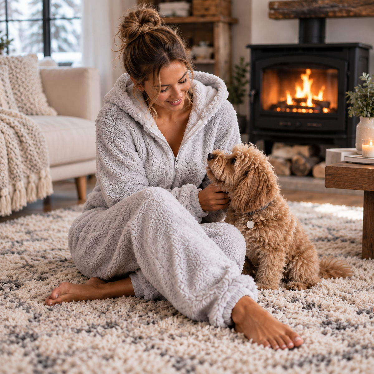 Pyjama Einteiler Damen lang aus Fleece mit Reißverschluss – Langer Overall