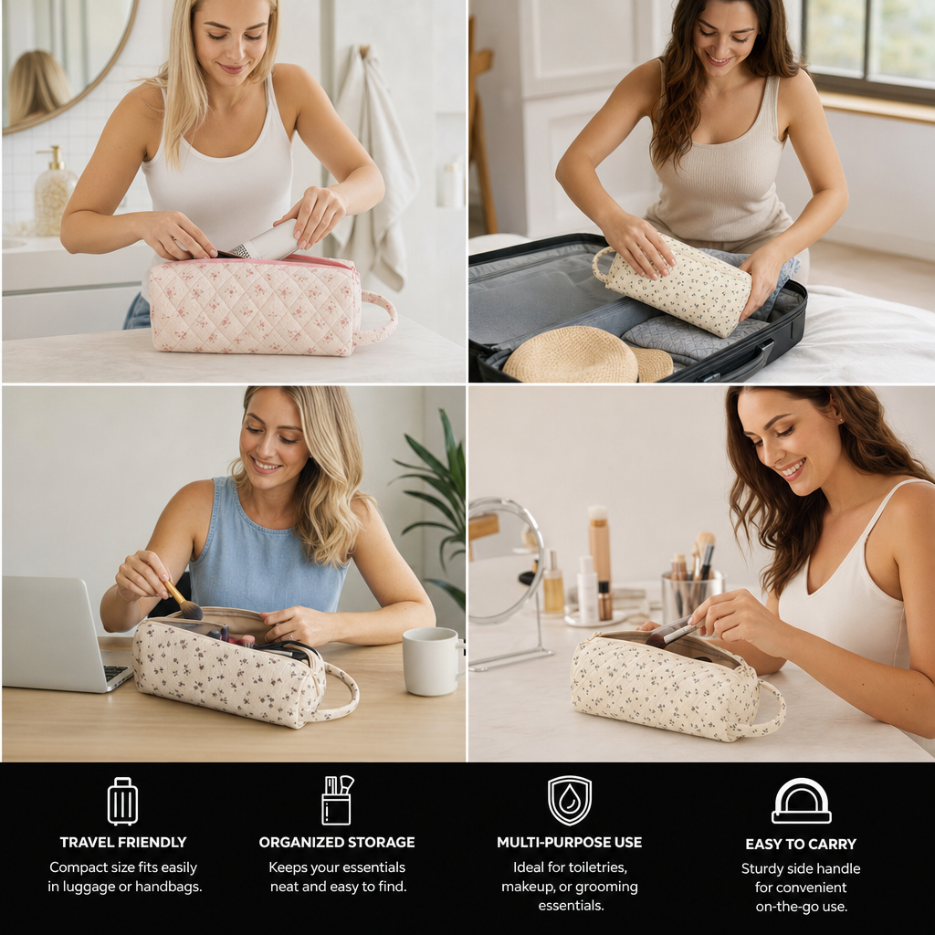 Gesteppte Mehrzweck-Reisetasche – Geräumiger Toilettenartikel- & Make-up-Organizer mit Tragegriff