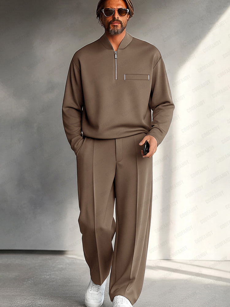 Herren Half-Zip Zweiteiler – Entspanntes Langarmoberteil und Hose mit weitem Bein für Smart Casual