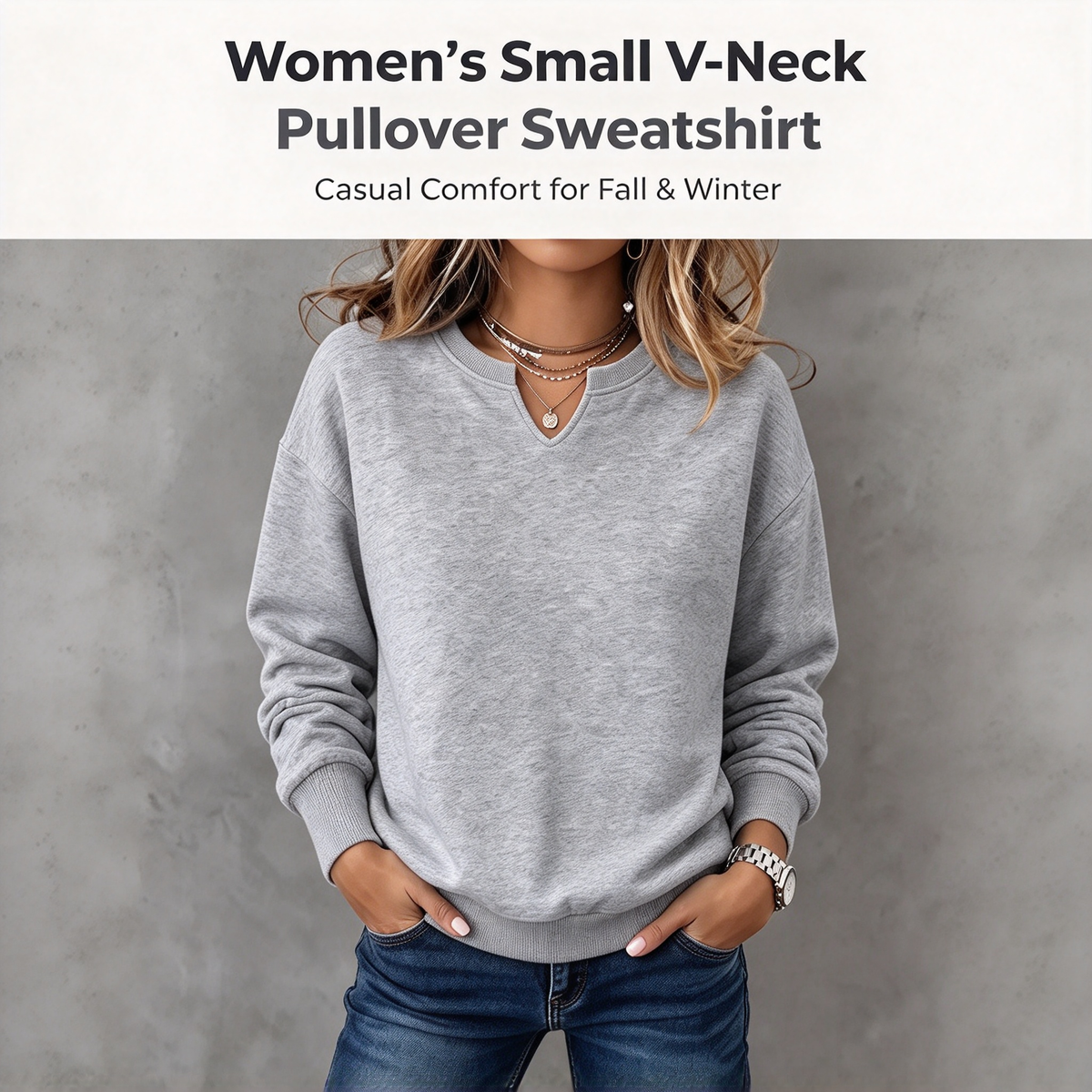 Damen Einfarbiges Sweatshirt mit kleinem V-Ausschnitt für Herbst/Winter