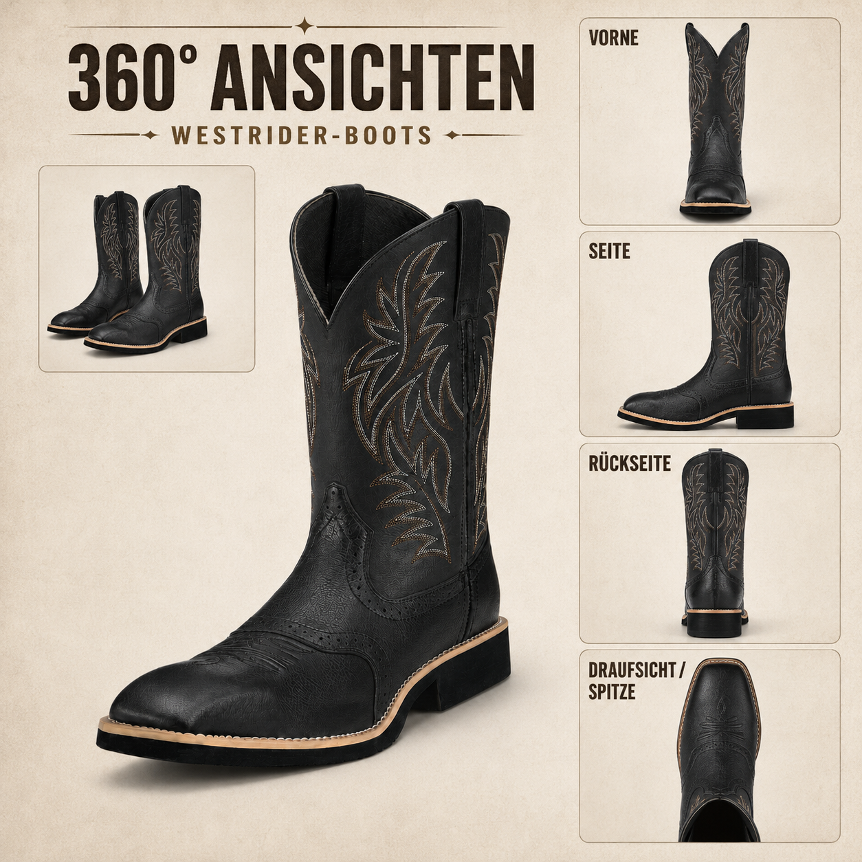 Stiefel mit eckiger Zehenform & klassischer Stickerei – WestRider Boots