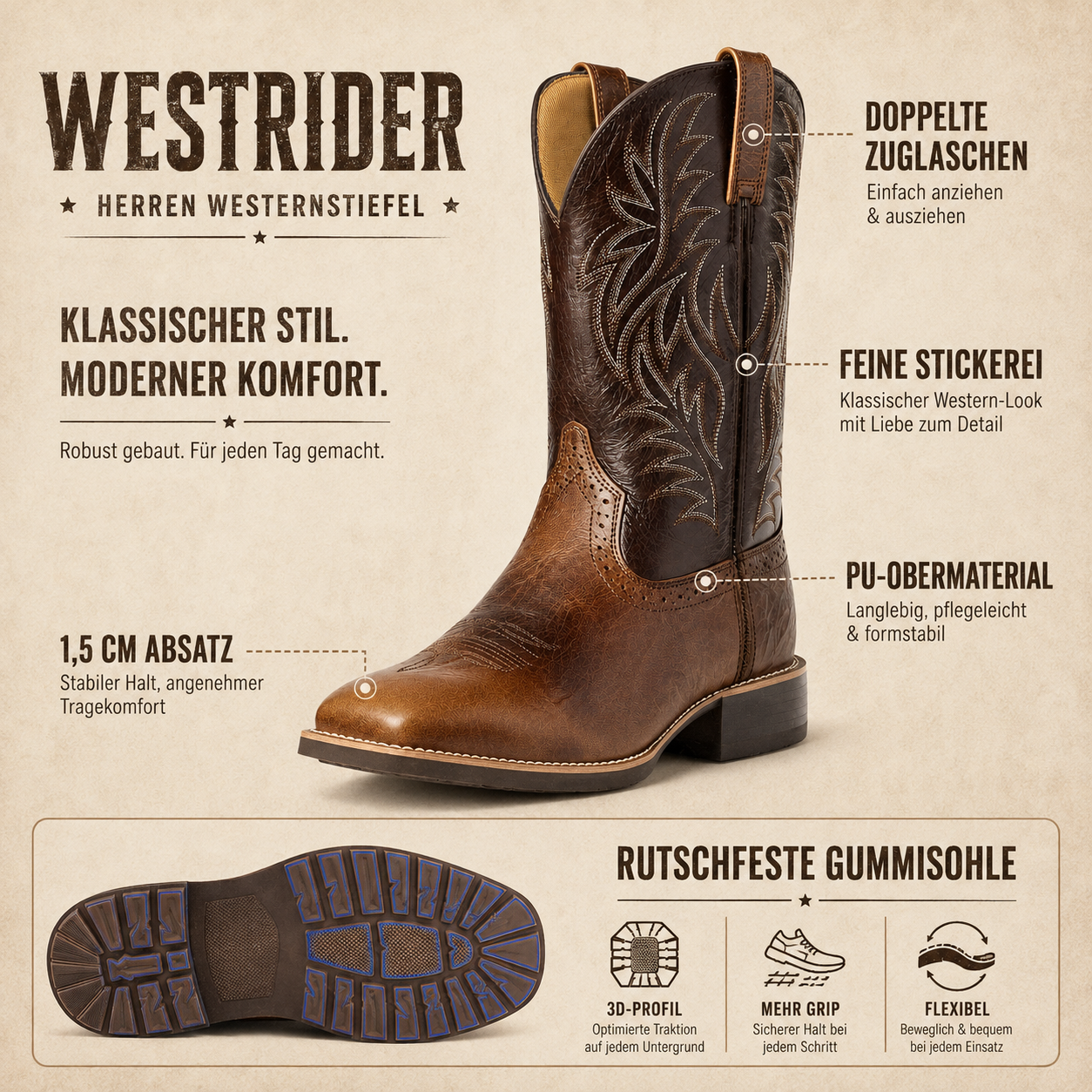 Stiefel mit eckiger Zehenform & klassischer Stickerei – WestRider Boots