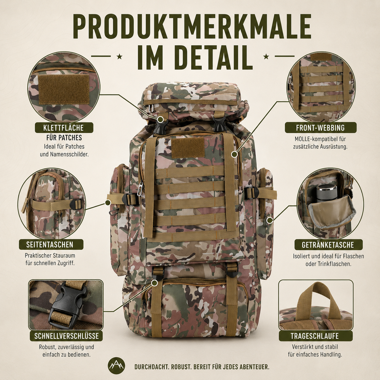Taktischer Rucksack 80L Wasserabweisend – BergTrail Pro