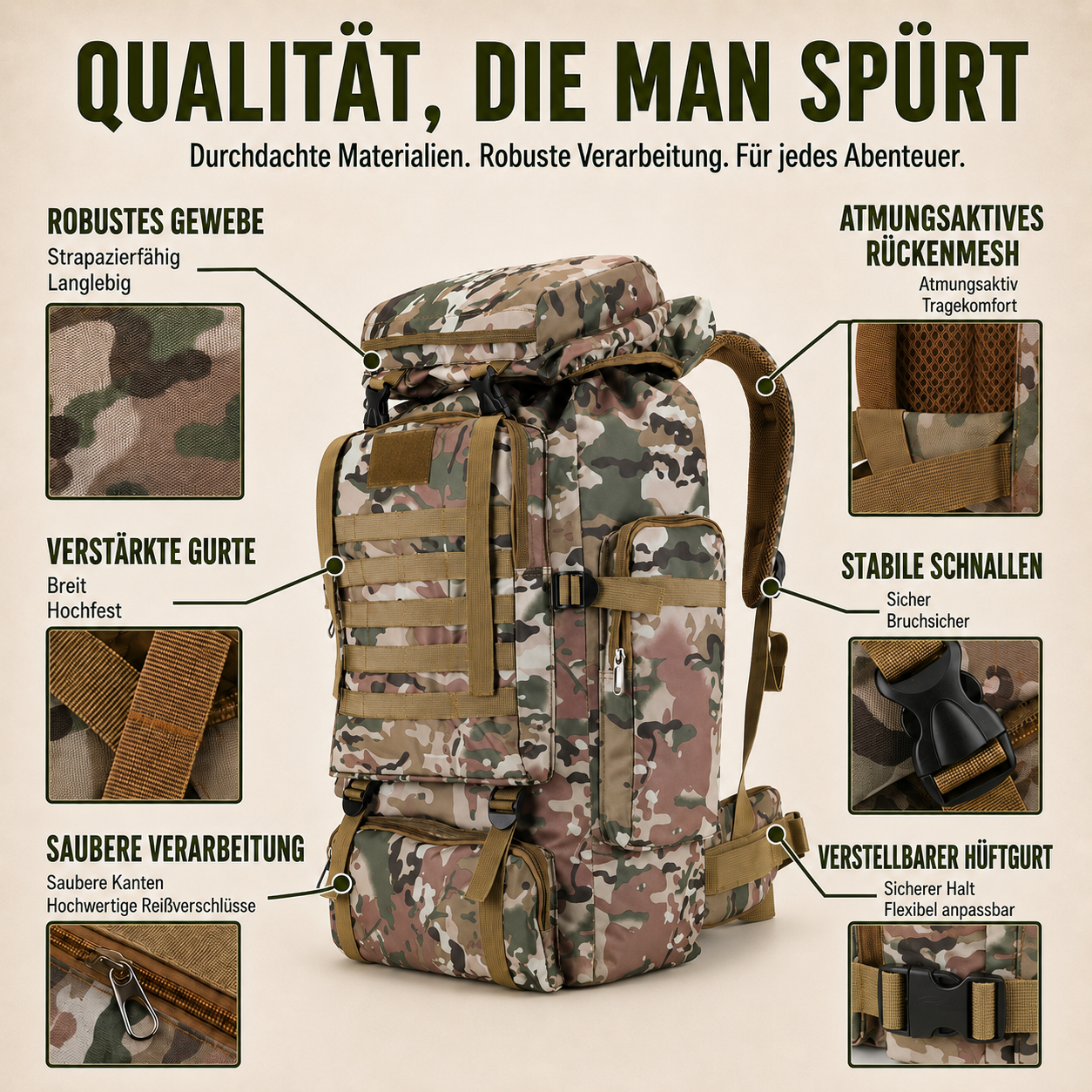 Taktischer Rucksack 80L Wasserabweisend – BergTrail Pro