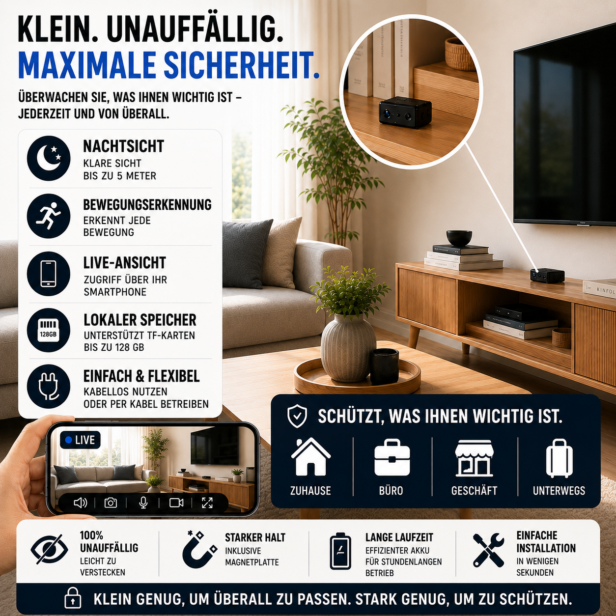 Überwachungskamera mit WLAN, Nachtsicht & Bewegungserkennung – ShadowGuard MiniCam