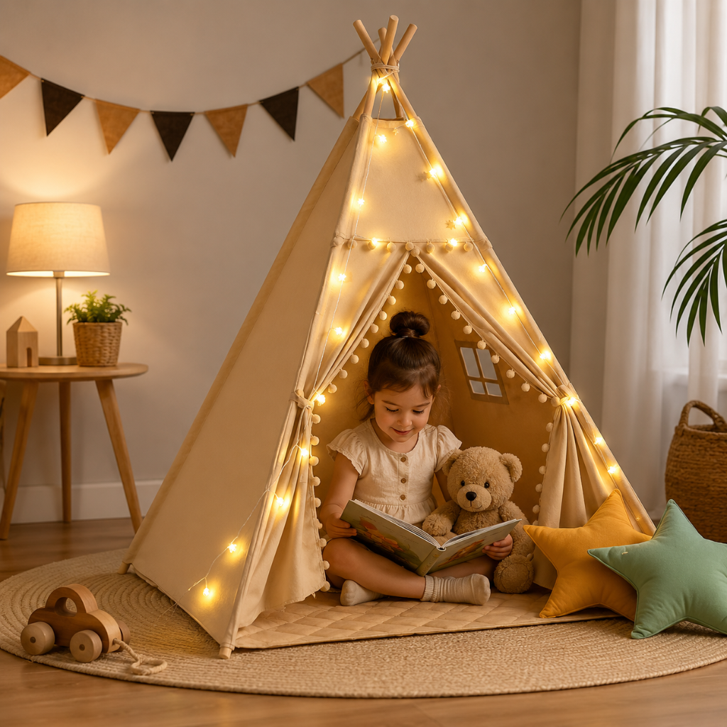 Kinder-Tipi-Zelt mit gepolsterter Matte und Pompom-Dekoration