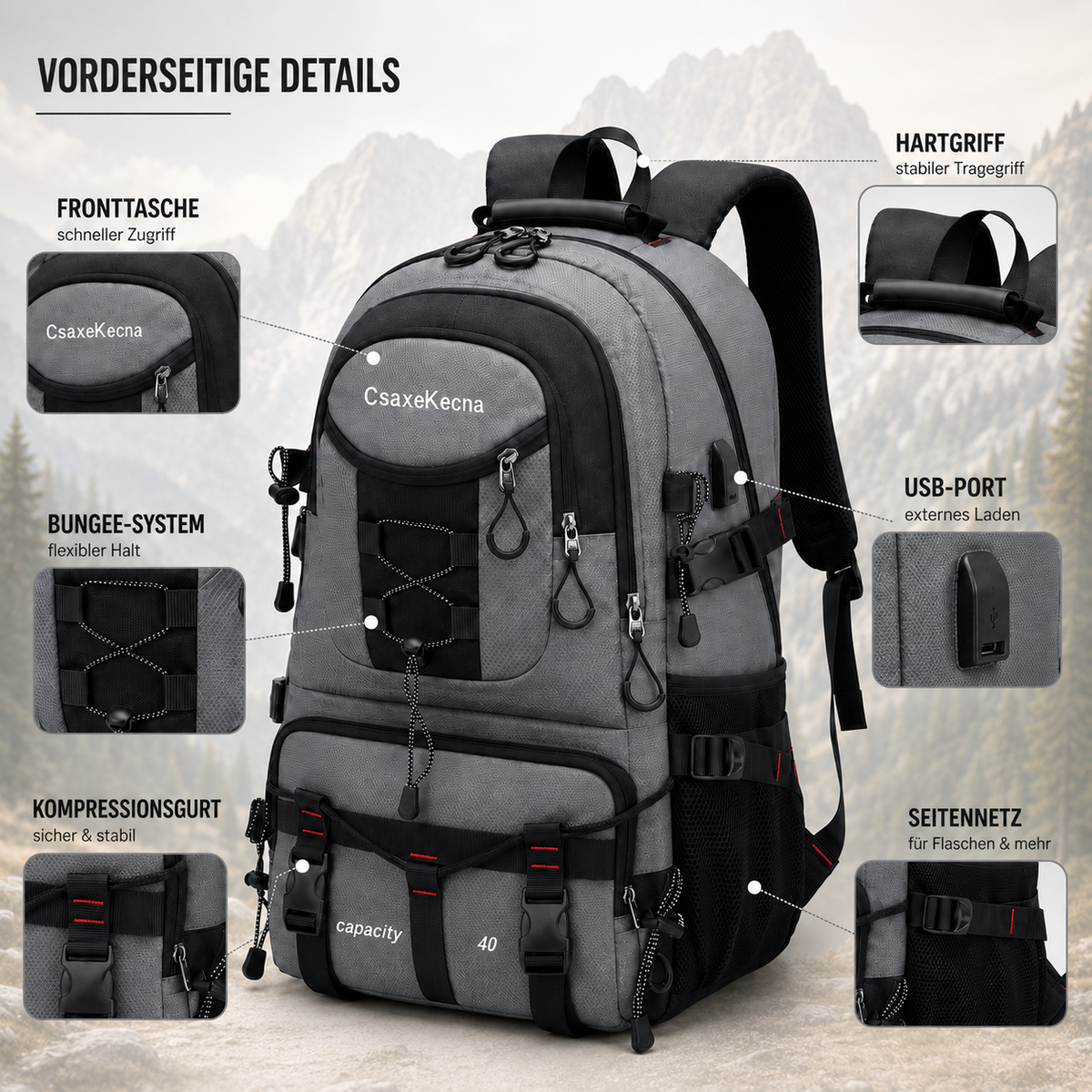 Wanderrucksack 40L mit USB-Anschluss zum Laden unterwegs, Tragovia