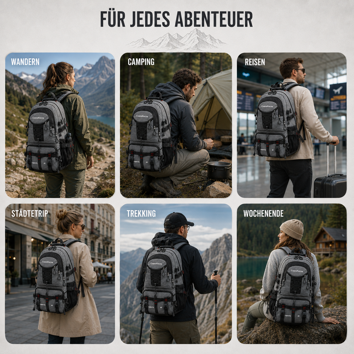 Wanderrucksack 40L mit USB-Anschluss zum Laden unterwegs, Tragovia