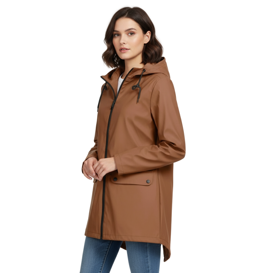 Damen langer wasserdichter Regenmantel mit Kapuze – Leichte winddichte Jacke mit Taschen