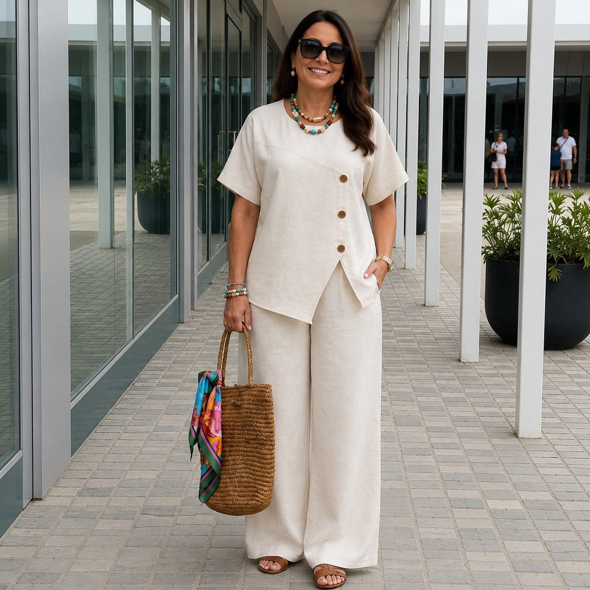 Ensemble aus Baumwollleinen mit asymmetrischer Bluse und fließender Palazzo-Hose