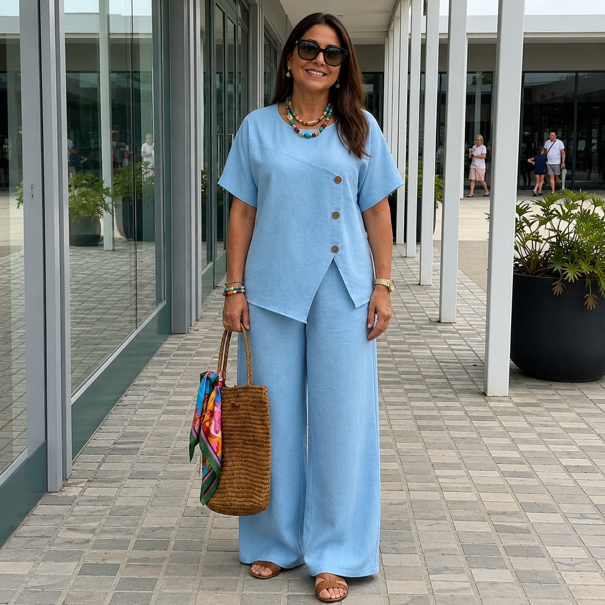 Ensemble aus Baumwollleinen mit asymmetrischer Bluse und fließender Palazzo-Hose