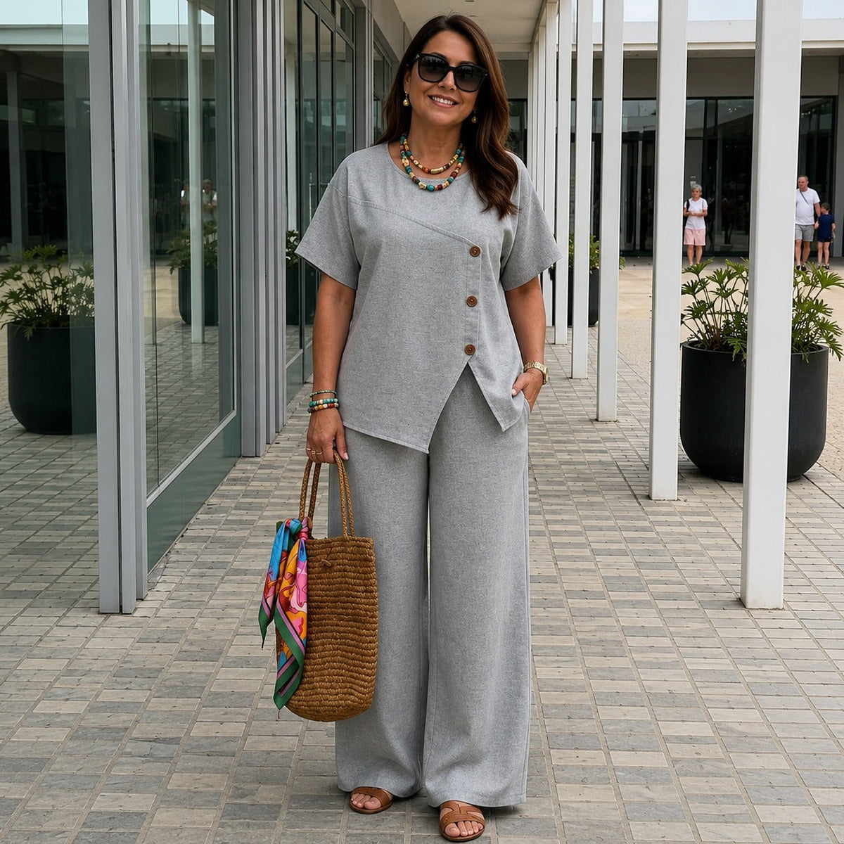 Ensemble aus Baumwollleinen mit asymmetrischer Bluse und fließender Palazzo-Hose