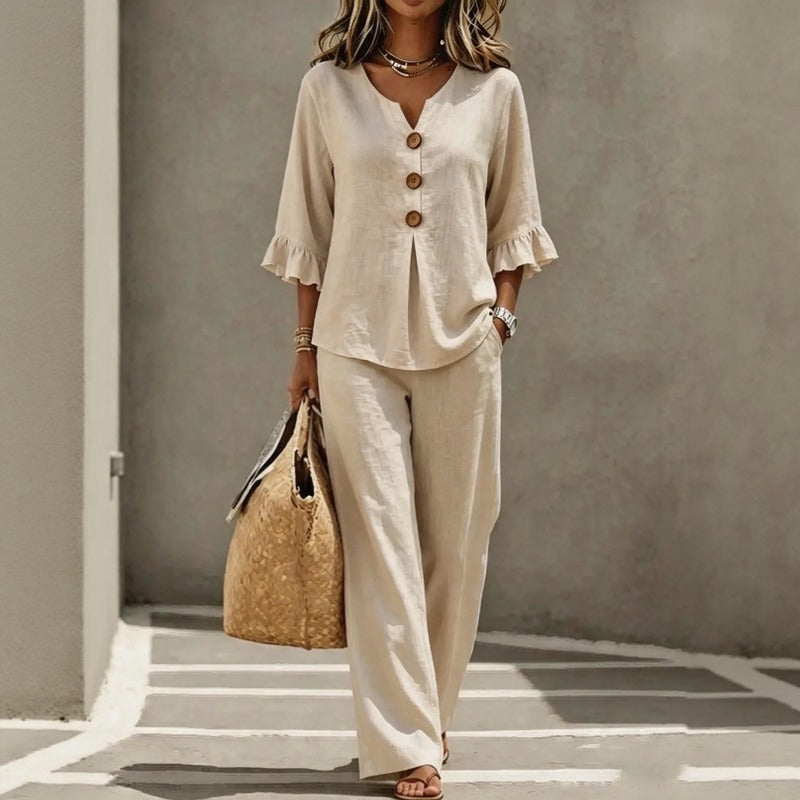 Leinenmix-Set mit Knopfleisten-Bluse, Rüschenärmeln und Palazzo-Hose
