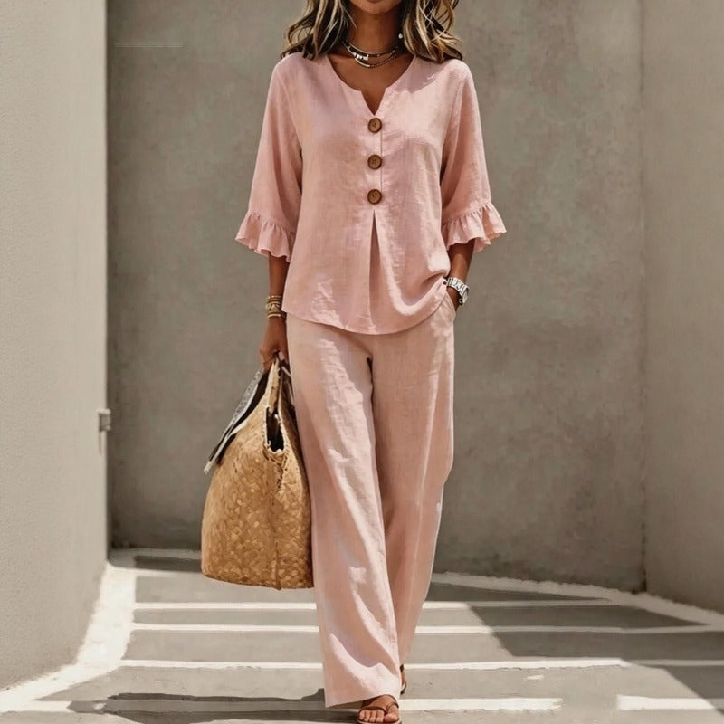 Leinenmix-Set mit Knopfleisten-Bluse, Rüschenärmeln und Palazzo-Hose