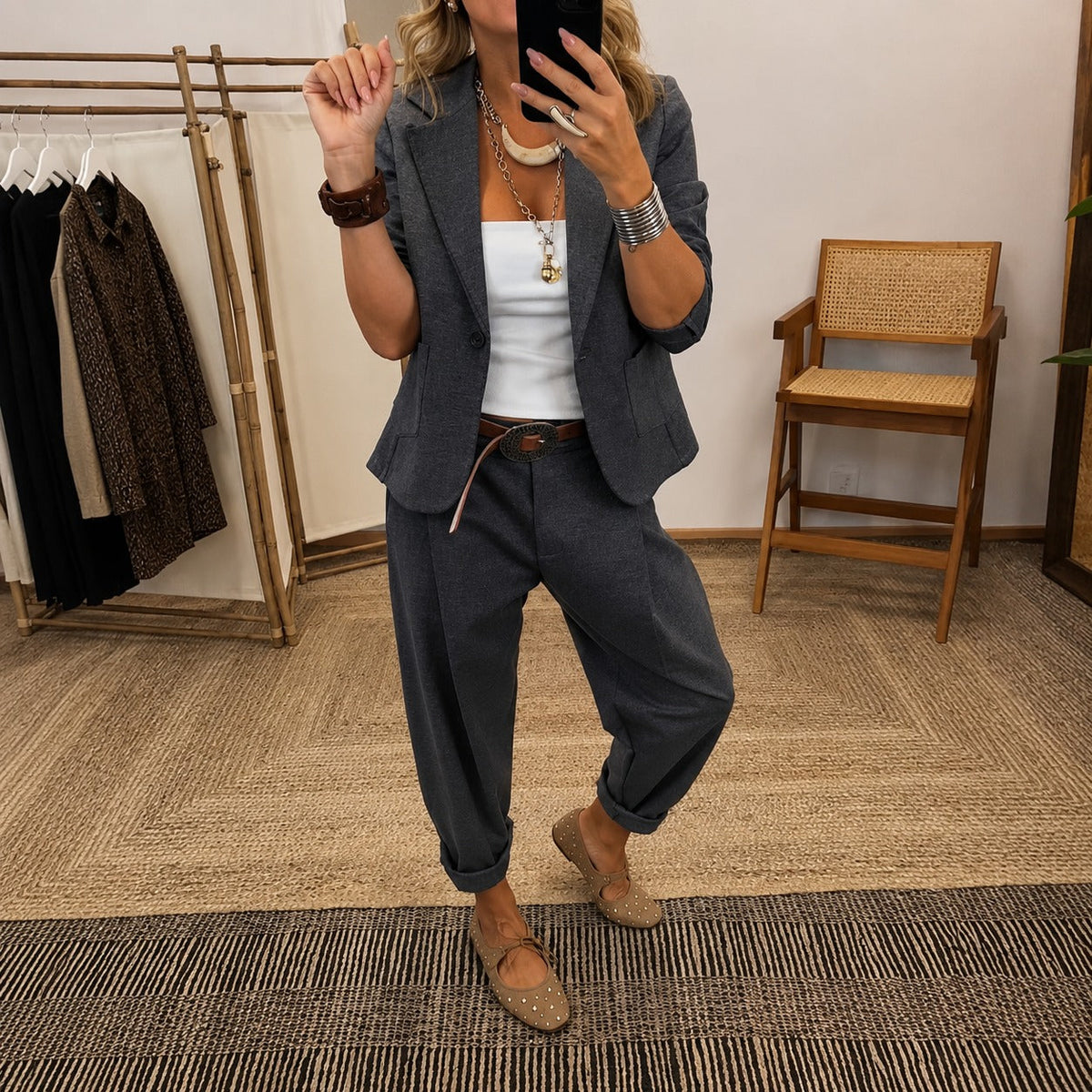 Set mit strukturiertem Blazer und weiter Hose