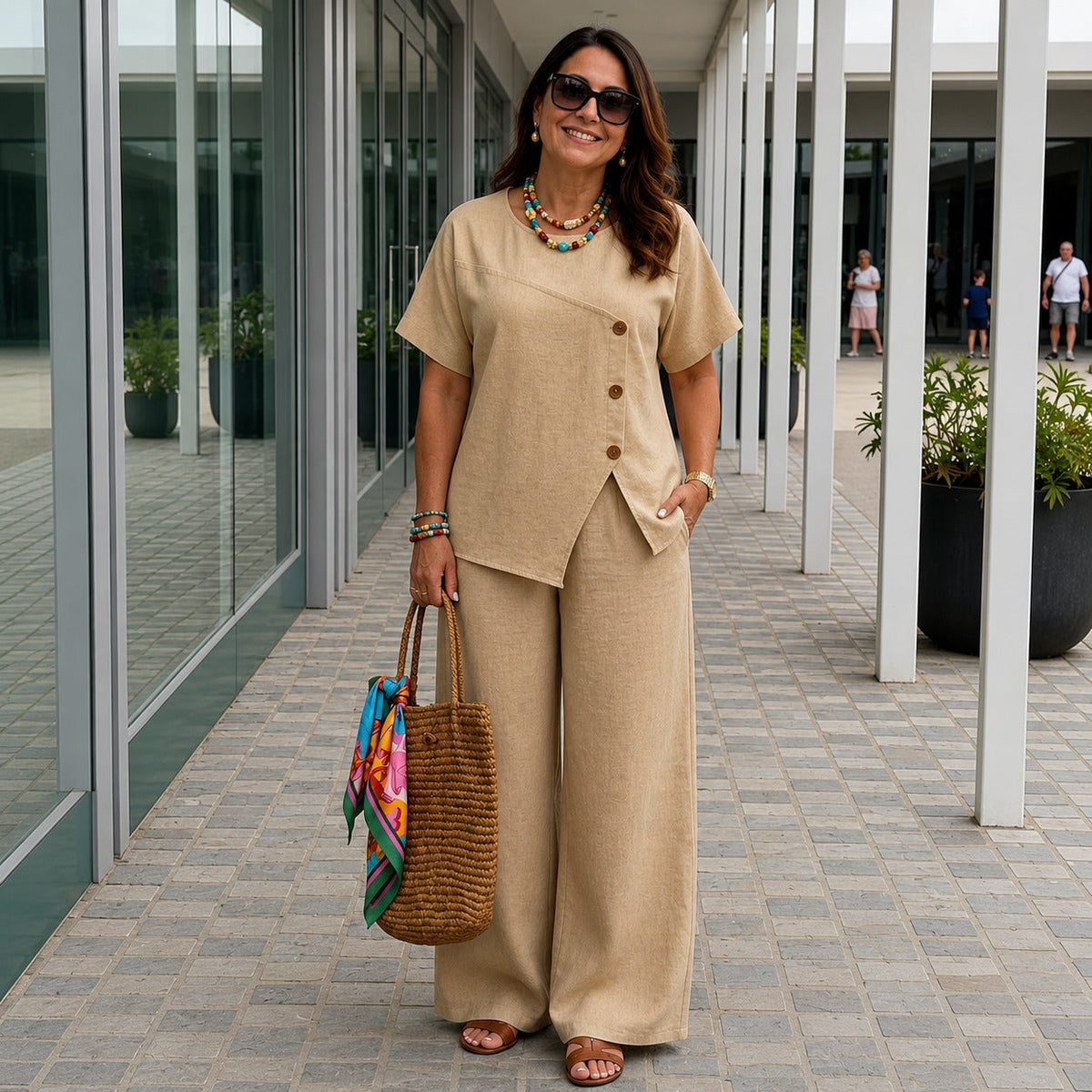Ensemble aus Baumwollleinen mit asymmetrischer Bluse und fließender Palazzo-Hose