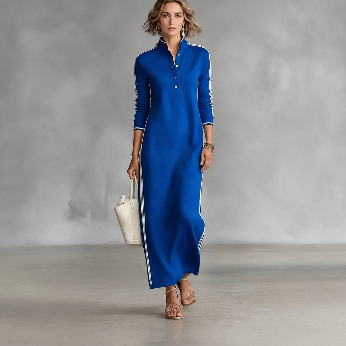 Kleid mit Polokragen, seitlichen Streifen und langer Schnittform