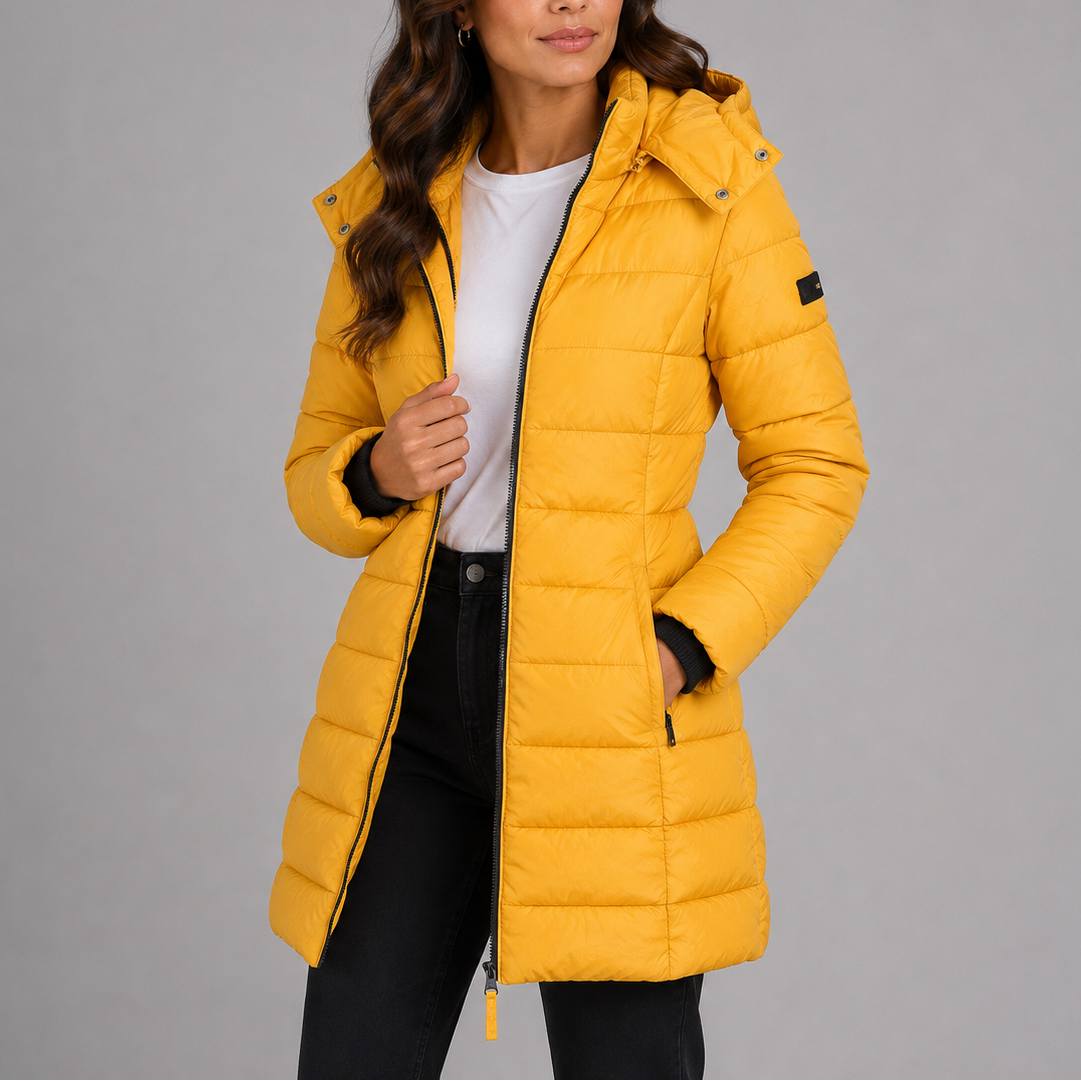 Damen Longline Kapuzen-Puffermantel mit gestepptem Finish und durchgehendem Reißverschluss